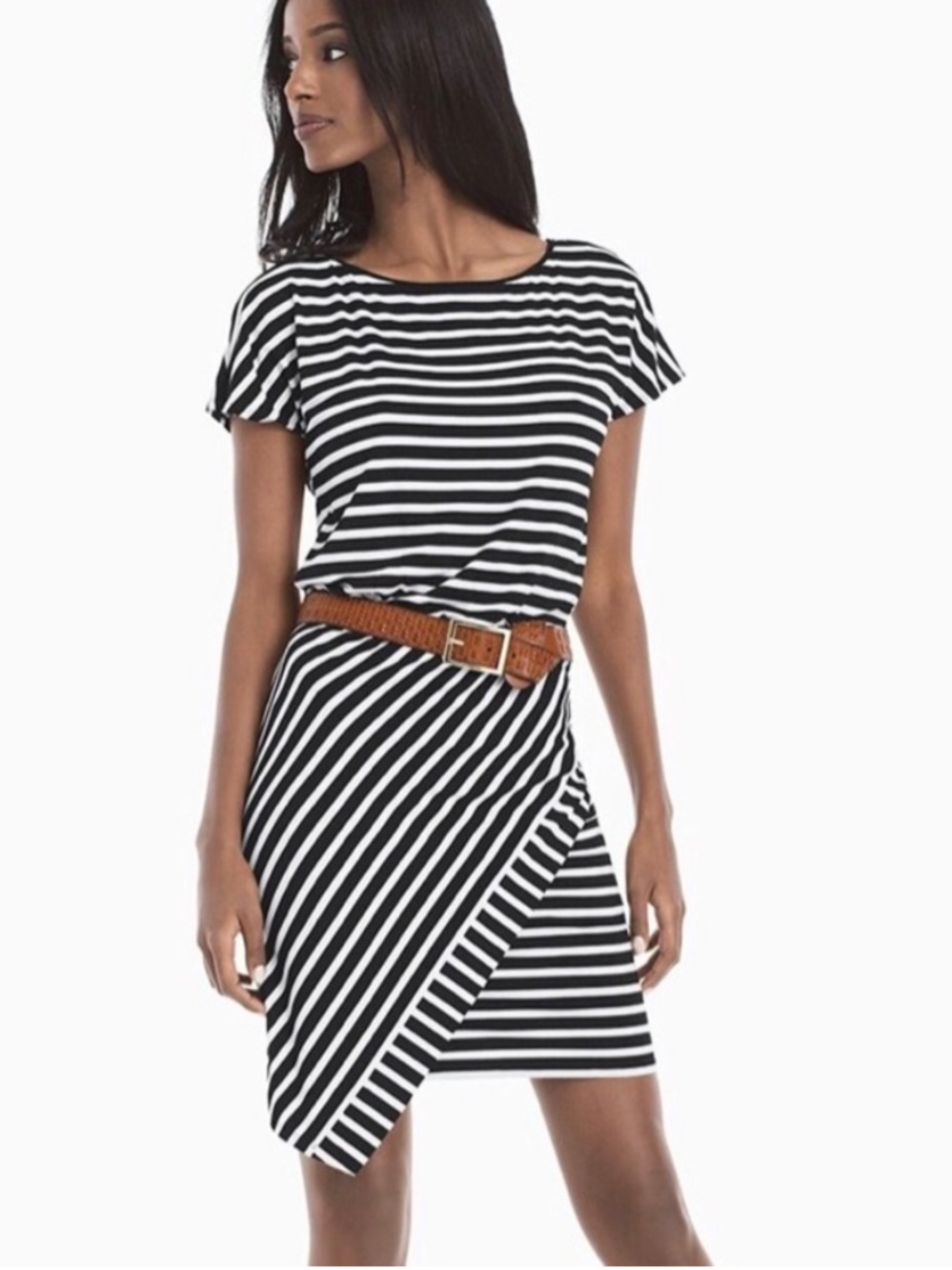 WHBM White House Black Market Striped Asymmetric Wrap Dress Black White Small